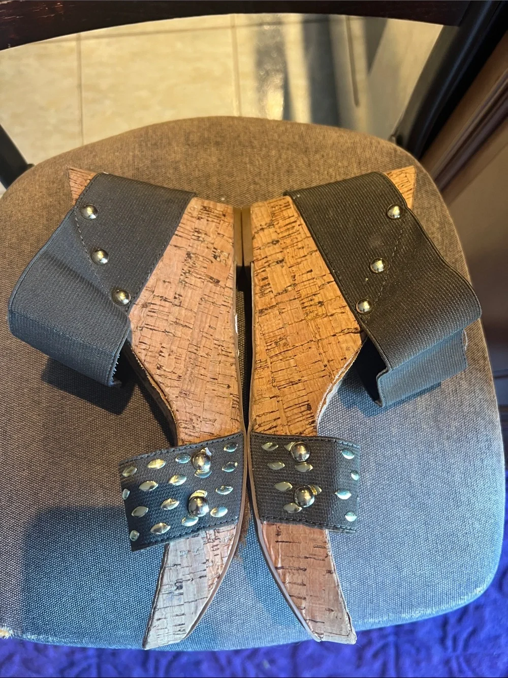 Women’s Olive Green Cork Slide Sandals with Stud Detail - Picture 3 of 7